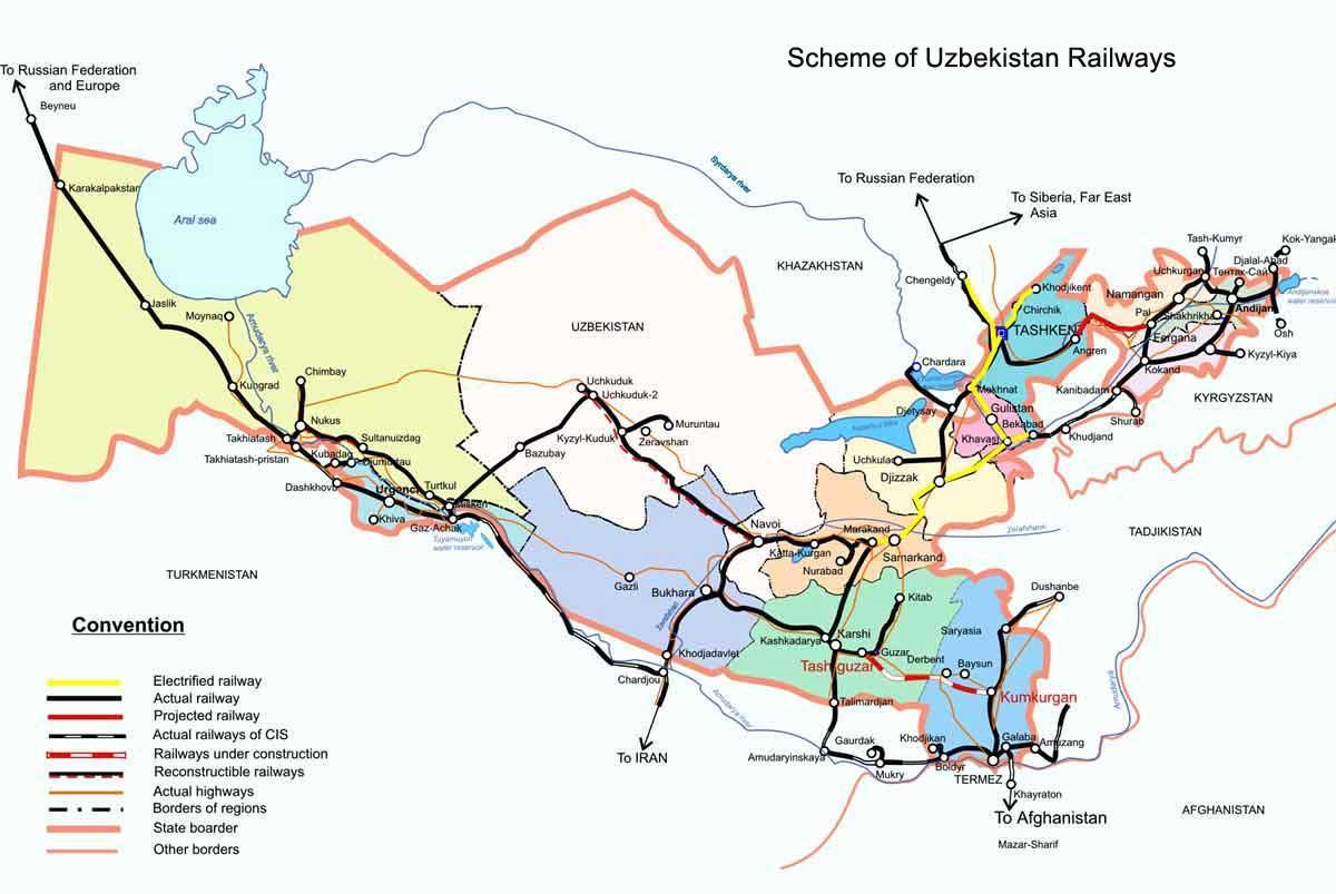 Железници карта Узбекистана